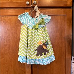 Mud Pie Green and Blue Chevron Kids Dress with Elephant Appliqué
